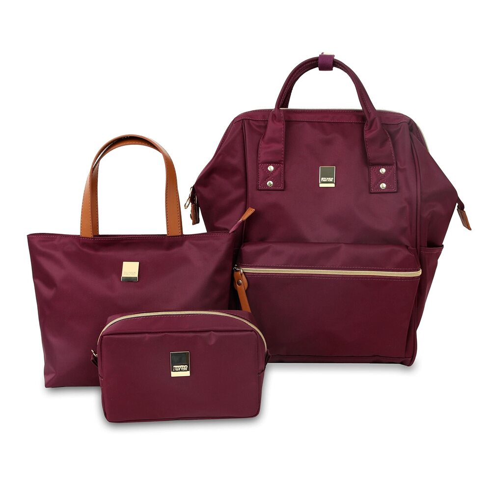 5678 Posy 3-Piece Backpack with Tote and Pouch, Wine, 16"